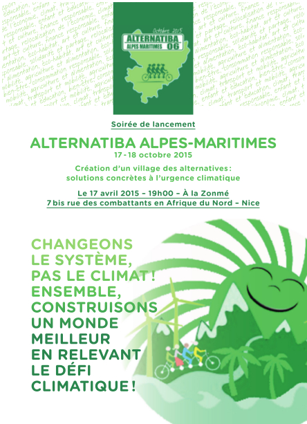 Flyer pour soirée de lancement d'Alternatiba Alpes-Maritimes le 17 avril à la Zonmé à Nice